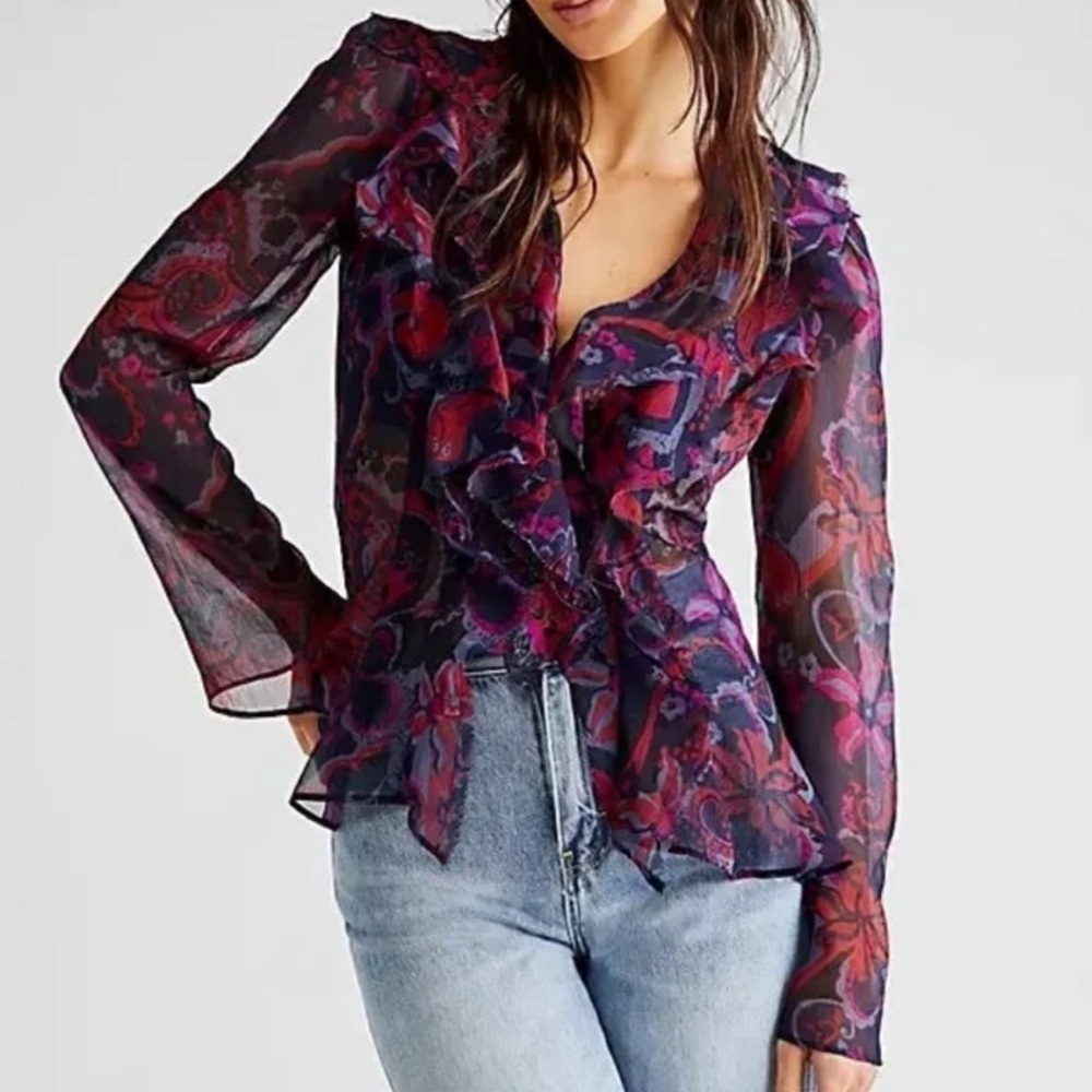 Free People The Groove Printed Ruffle Top Sheer Blouse Size Small